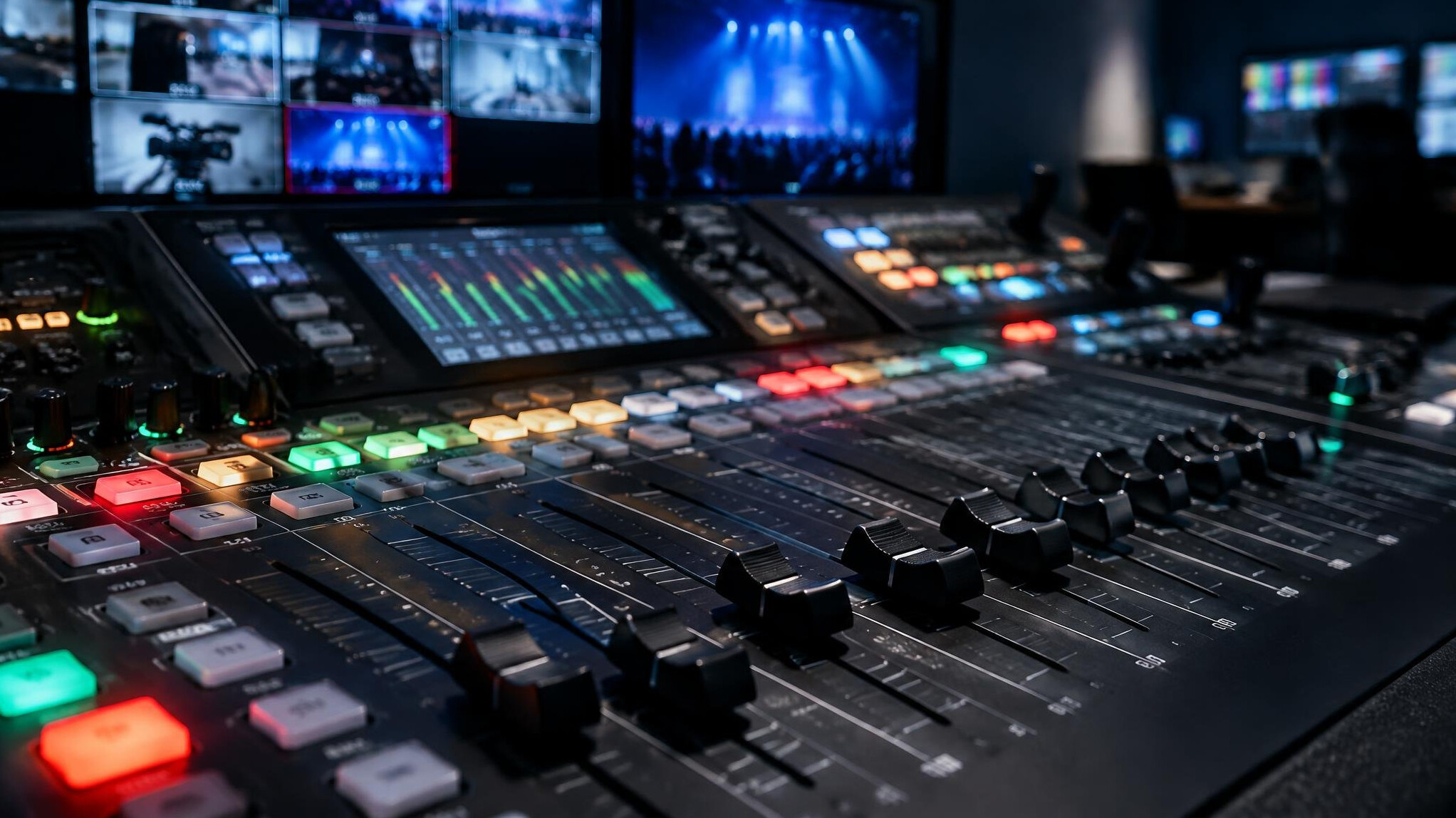 Audio mixing console in a control room