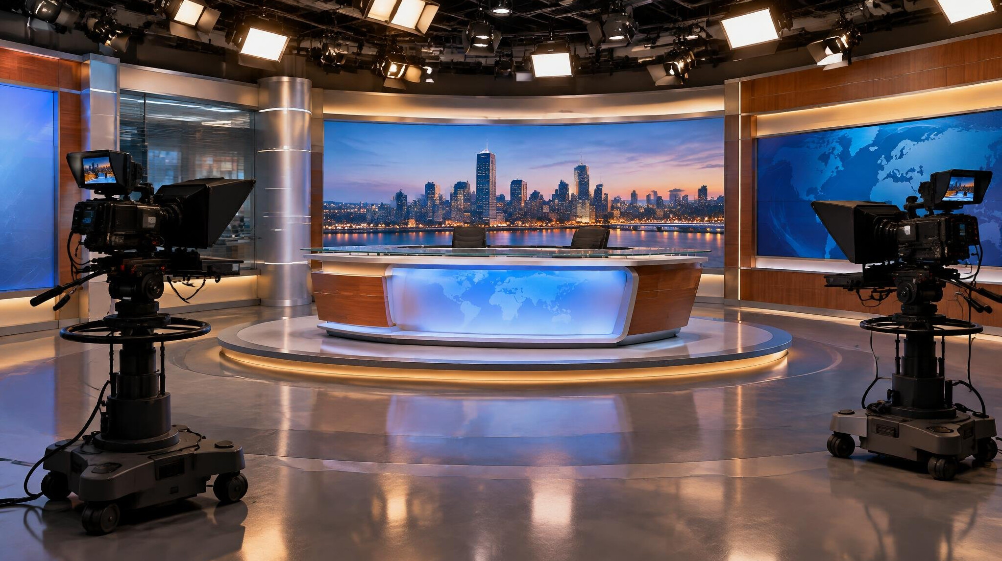 Television studio set with cameras and lighting rigs