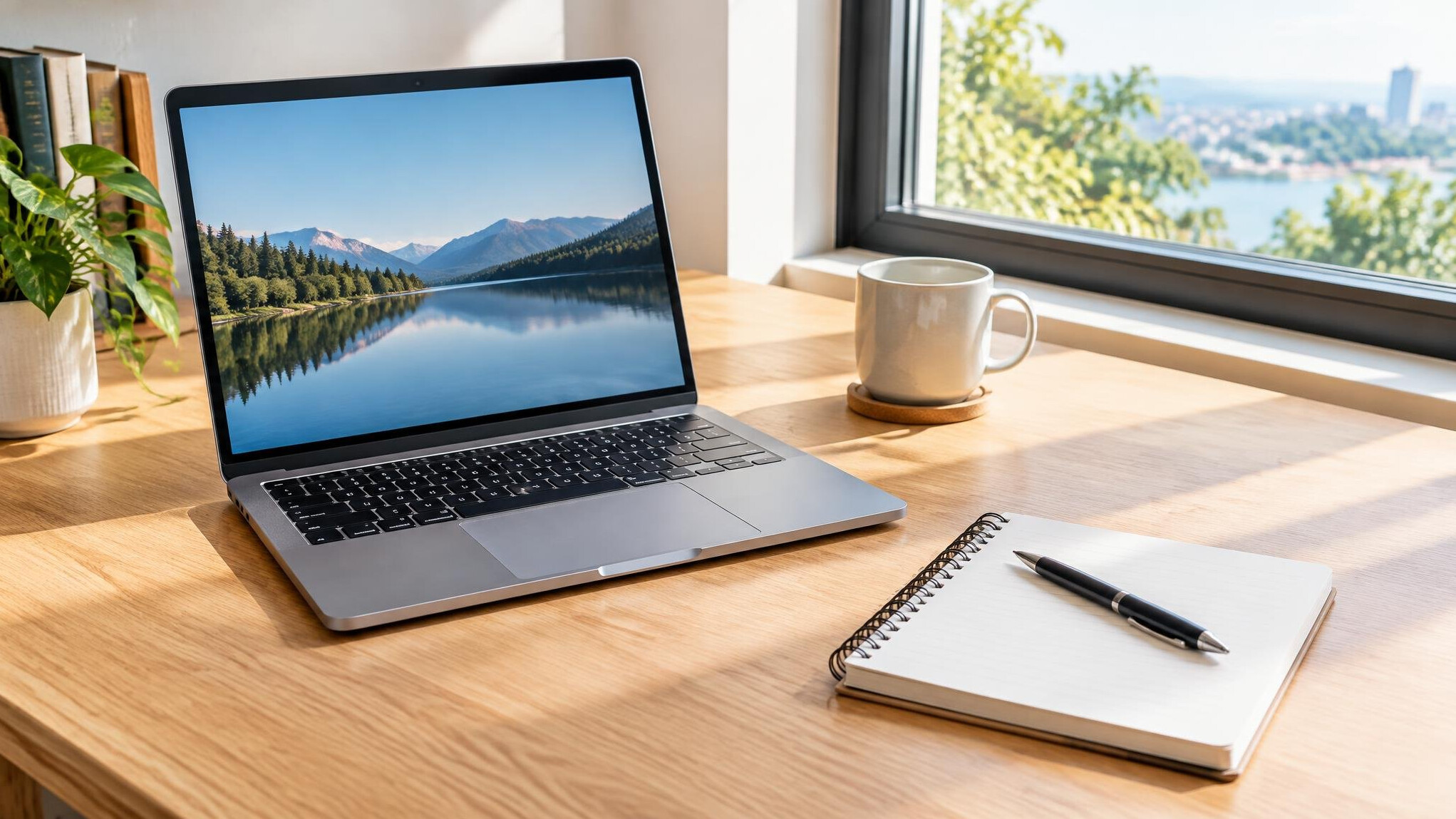 Laptop and notebook on a bright work desk