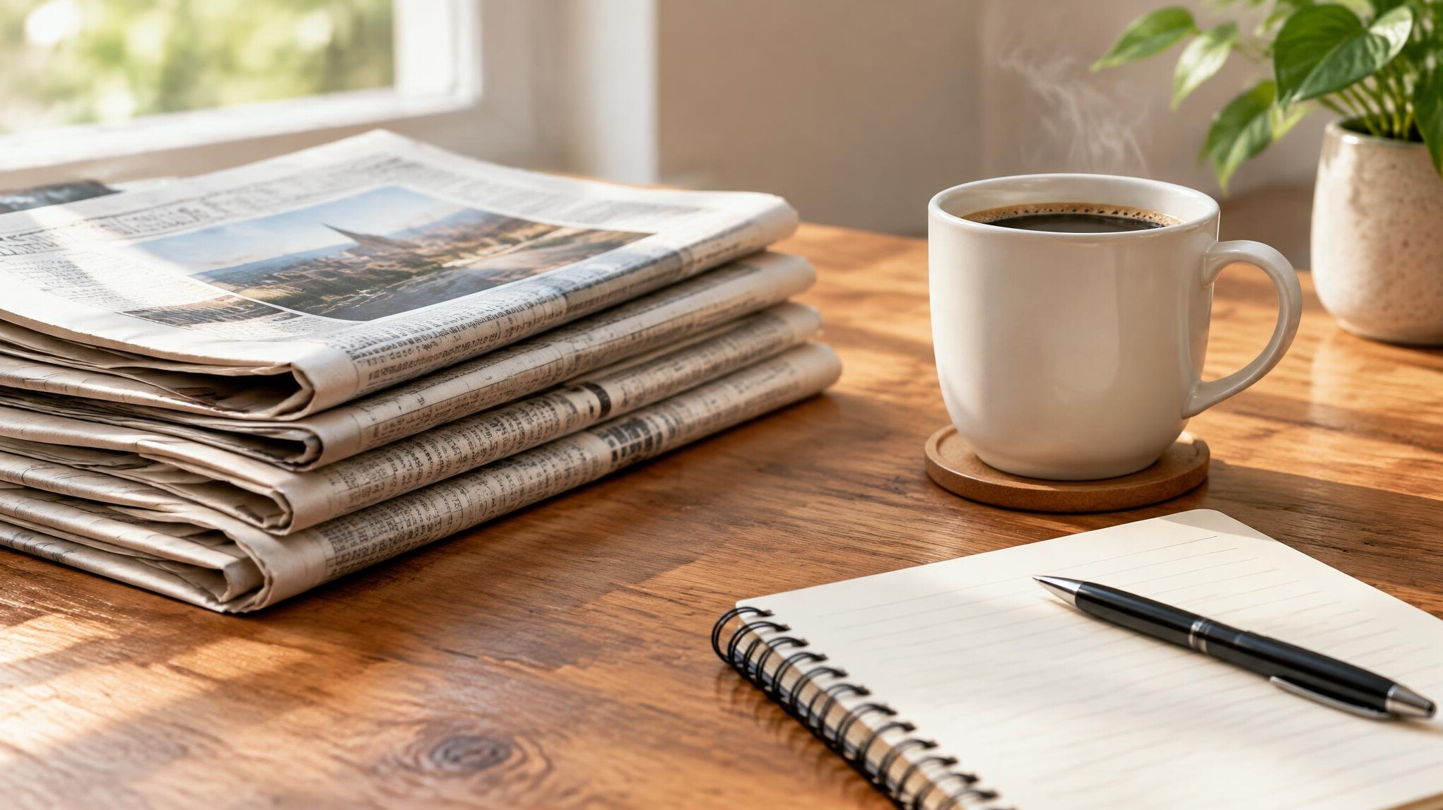 Newspapers and a coffee cup on a wooden table