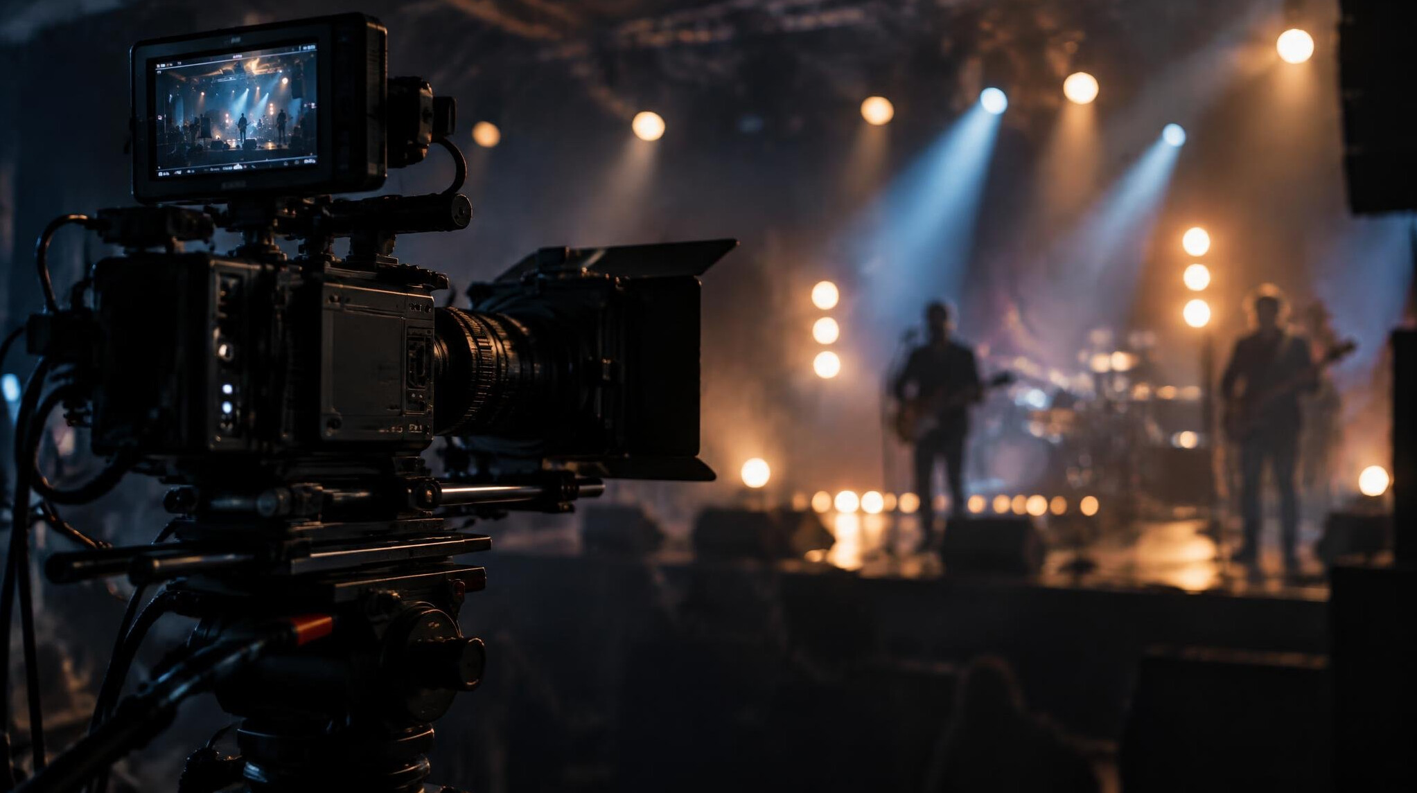 Cinema camera filming on a dark live set