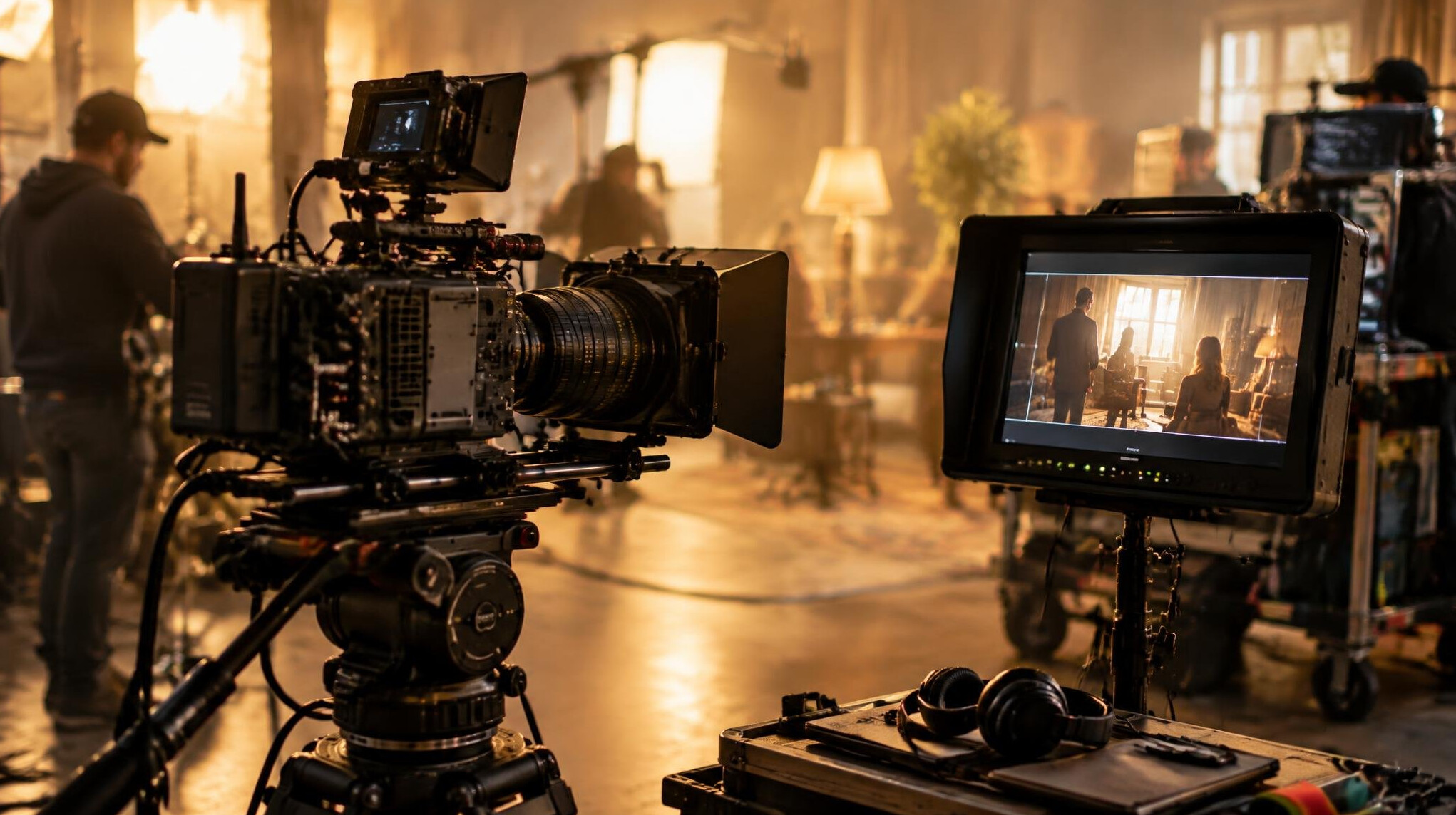 Film crew camera on a set with a monitor