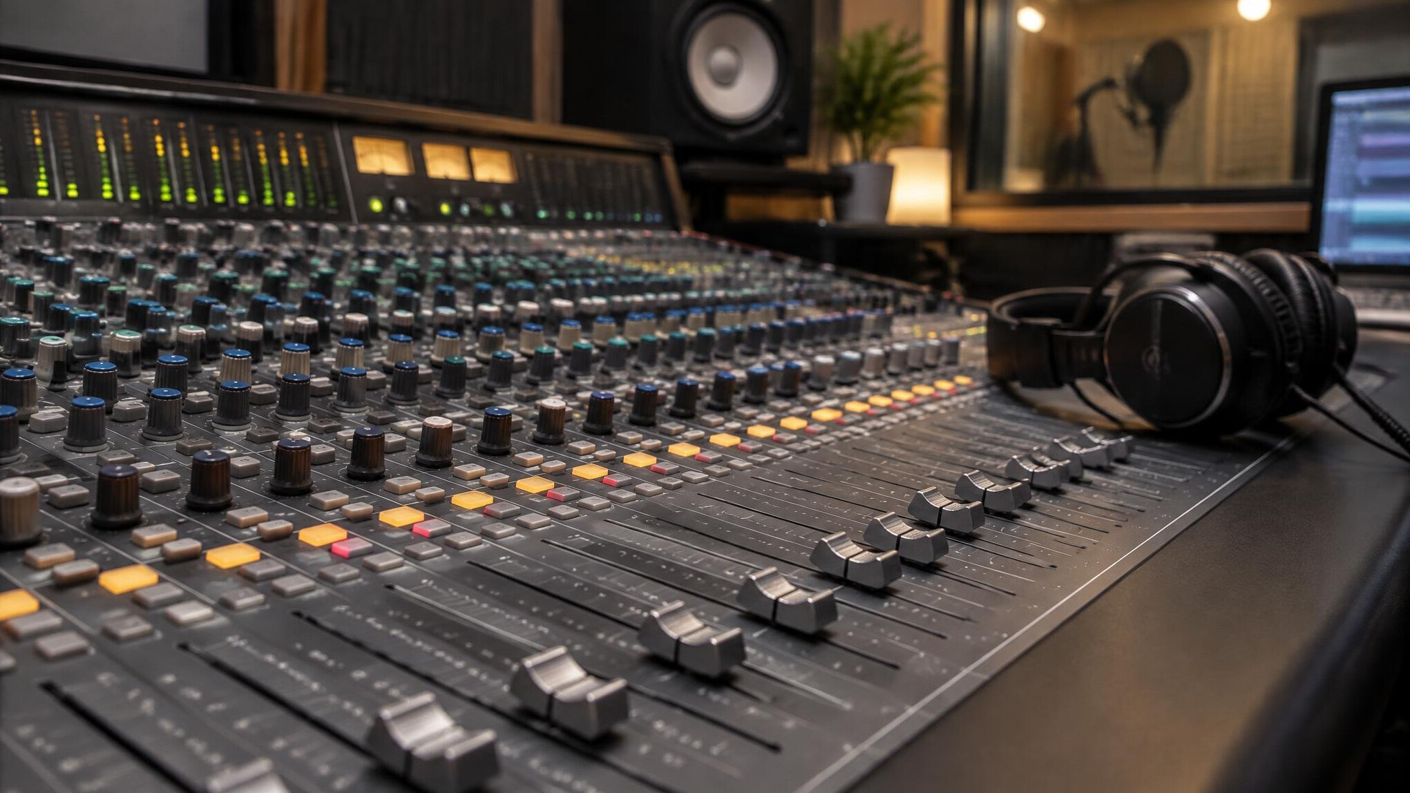 Sound mixing board with sliders in a studio