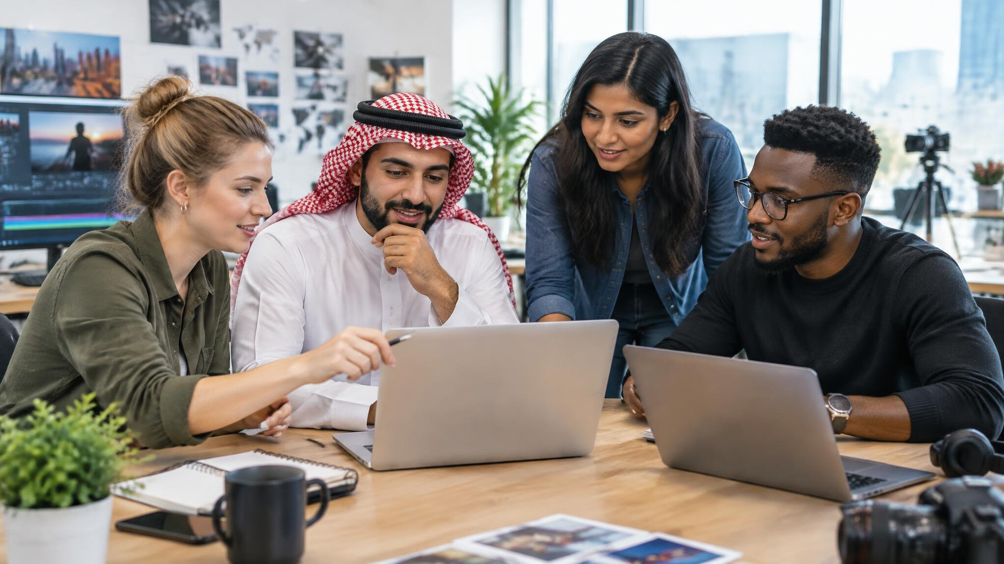 Colleagues working together at a shared desk in an office