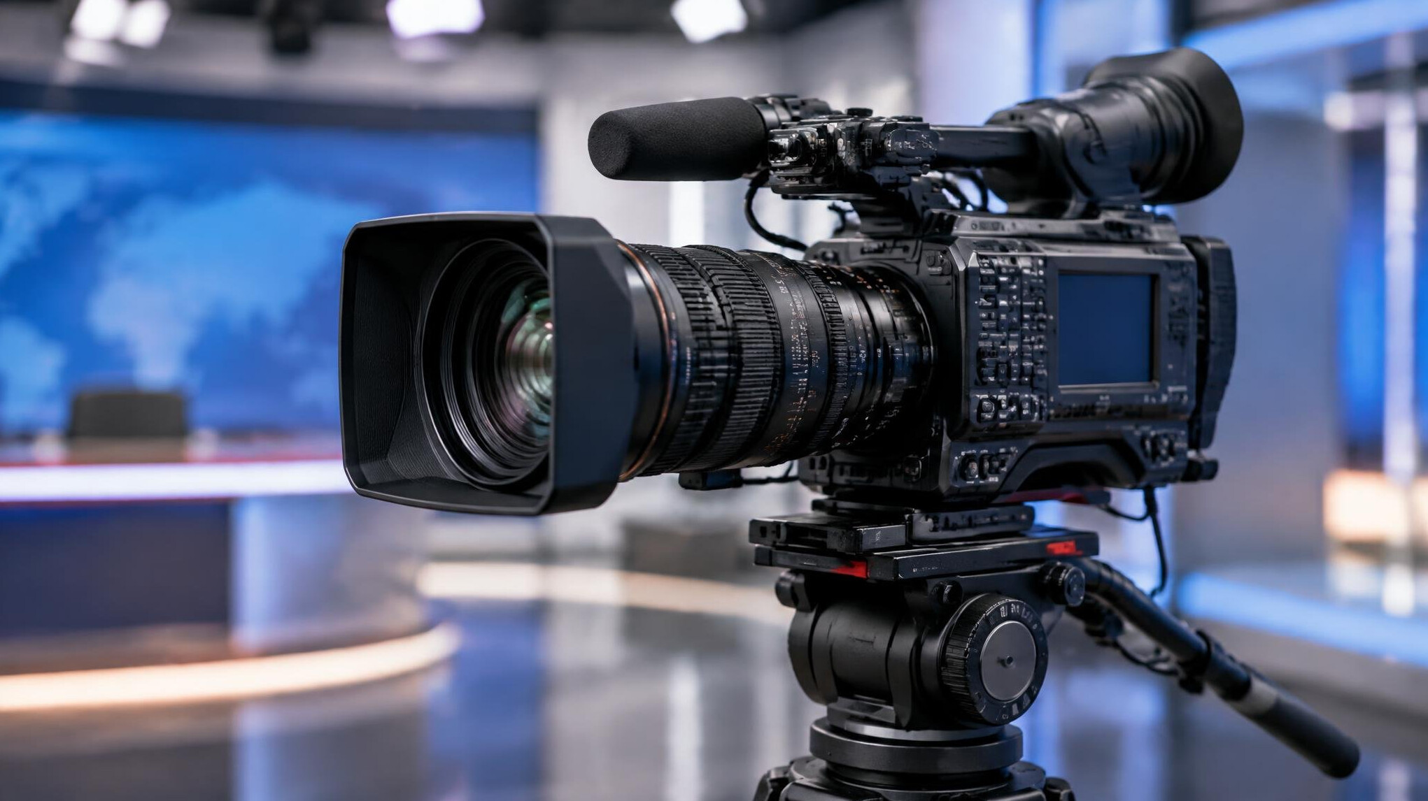 Professional video camera with lens on a tripod