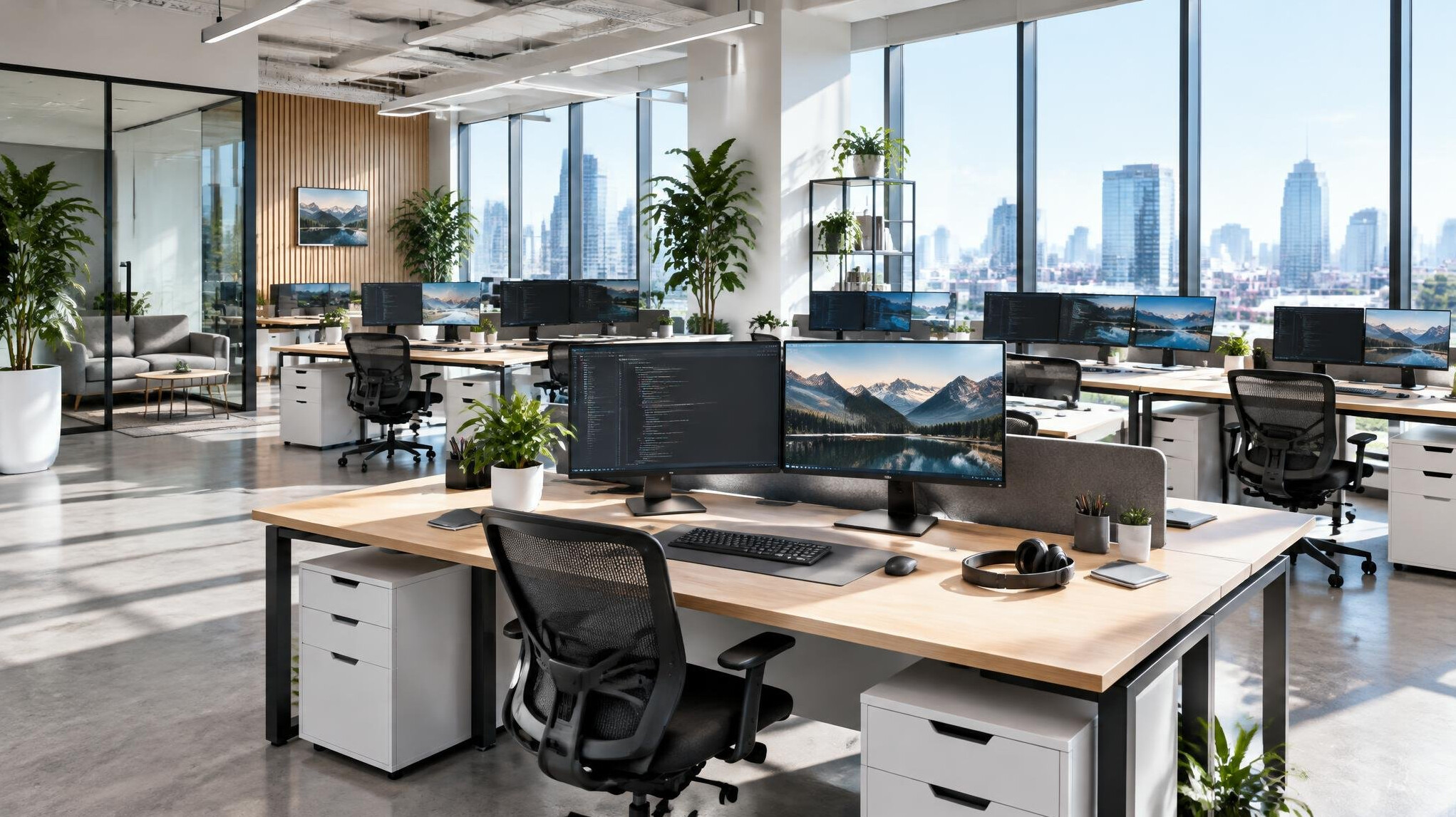 Bright modern office with desks and large windows
